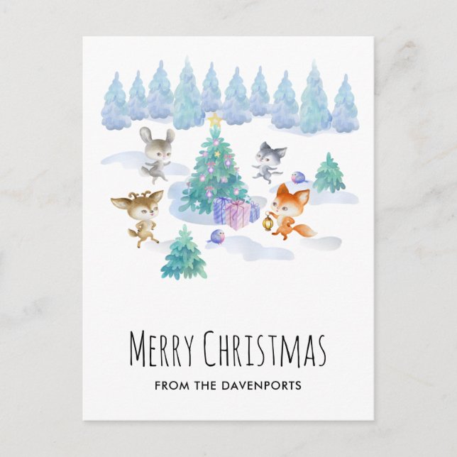 Forest Animals Dancing Around Christmas Tree Postcard (Front)