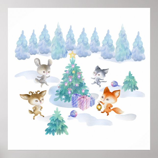 Forest Animals Dancing Around Christmas Tree Poster (Front)