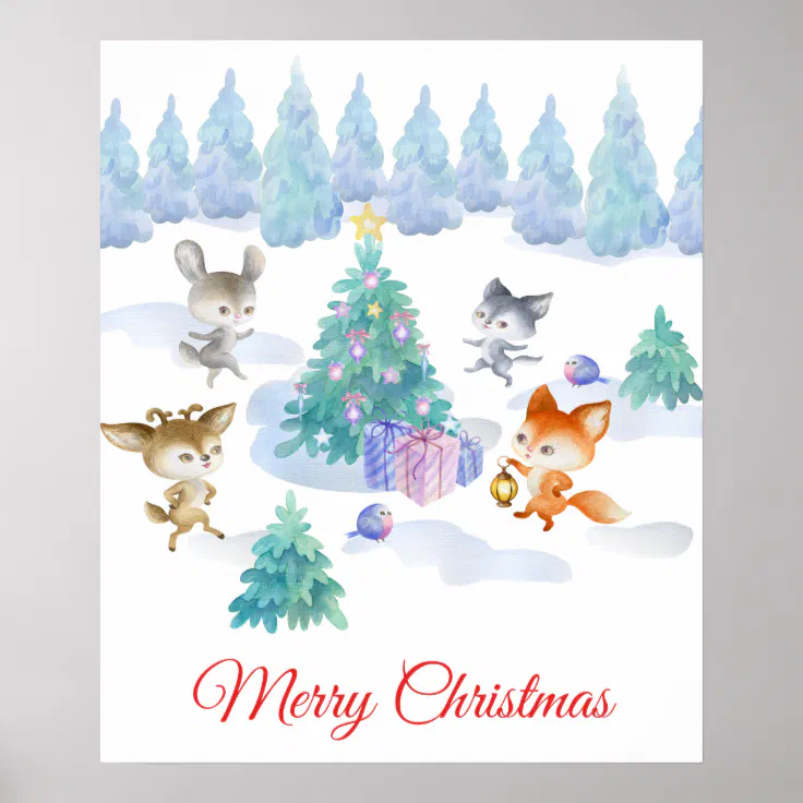Forest Animals Dancing Around Christmas Tree Poster | Zazzle