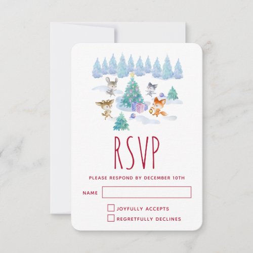 Forest Animals Dancing Around Christmas Tree RSVP Card