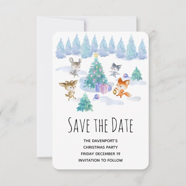Forest Animals Dancing Around Christmas Tree Save The Date (Front)