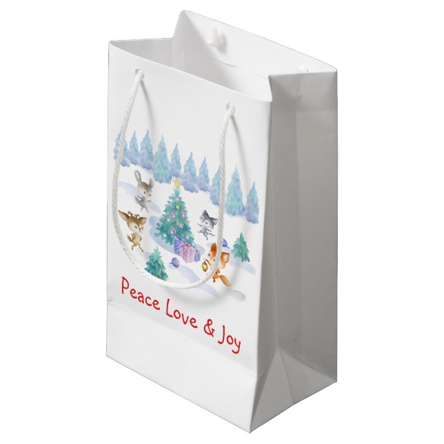 Forest Animals Dancing Around Christmas Tree Small Gift Bag (Front Angled)