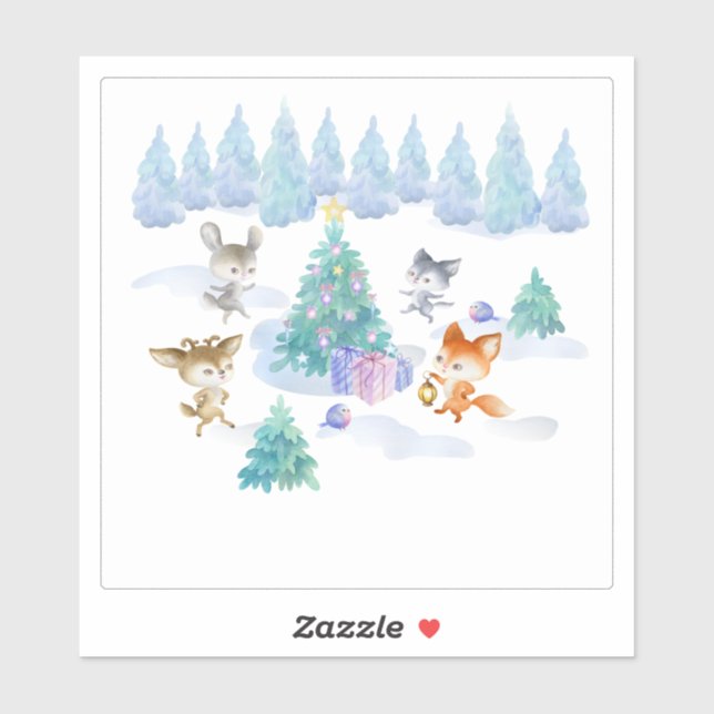 Forest Animals Dancing Around Christmas Tree Sticker (Sheet)