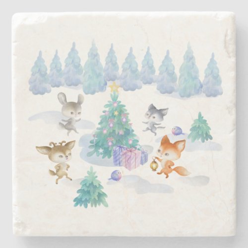 Forest Animals Dancing Around Christmas Tree Stone Coaster