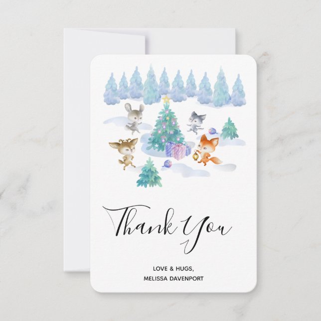 Forest Animals Dancing Around Christmas Tree Thank You Card (Front)