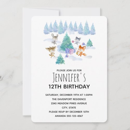 Forest Animals Dancing Around Fir Tree Birthday Invitation