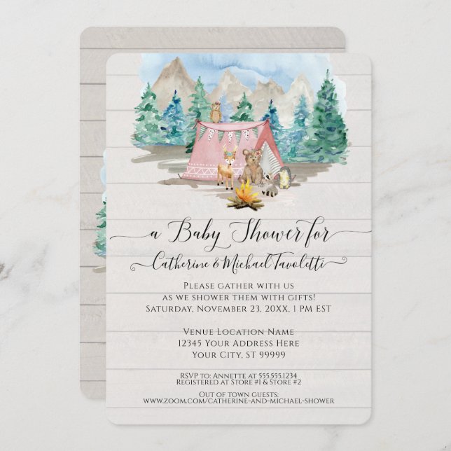 Forest Animals Deer Bear Floral Rustic Baby Shower Invitation (Front/Back)