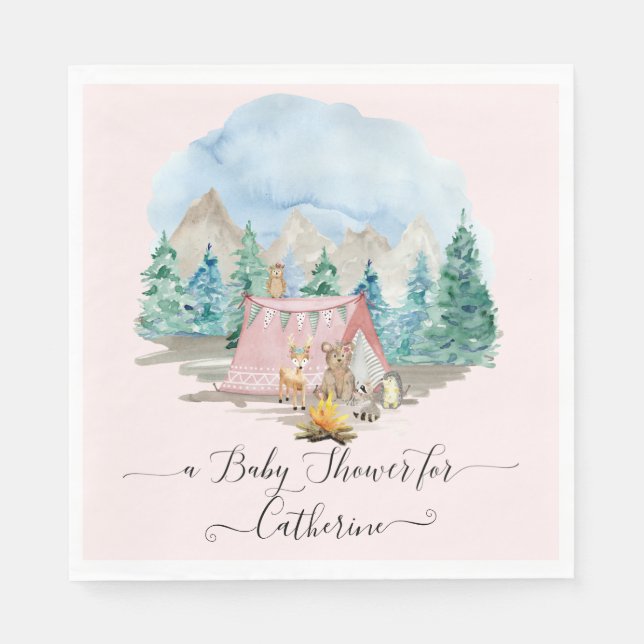 Forest Animals Deer Bear Rustic Pink Baby Shower Napkins (Front)