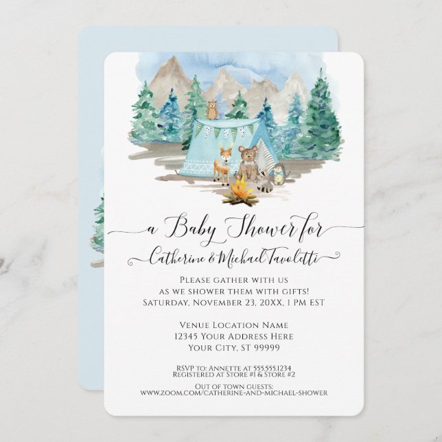 Forest Animals Deer Bear Watercolor Baby Shower In Invitation (Front/Back)