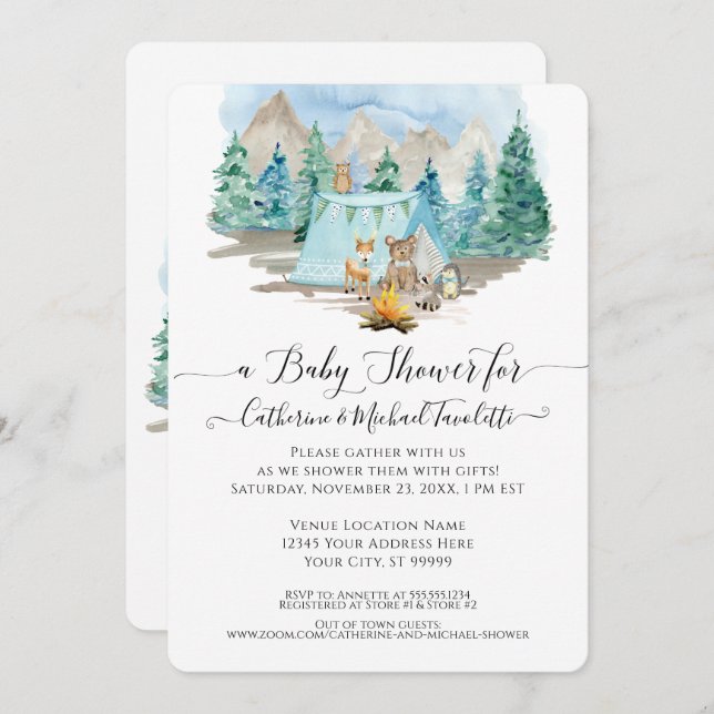 Forest Animals Deer Bear Watercolor Baby Shower Invitation (Front/Back)