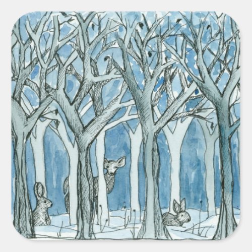 Forest Animals Deer Winter Trees Watercolor Square Sticker