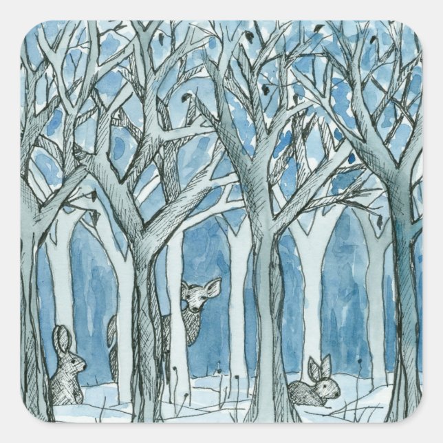 Forest Animals Deer Winter Trees Watercolor Square Sticker (Front)