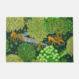 FOREST ANIMALS, DEERS BY A BROOK Blue Green Floral Doormat