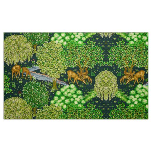FOREST ANIMALS DEERS BY A BROOK Blue Green Floral Fabric