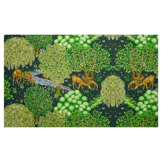 FOREST ANIMALS, DEERS BY A BROOK Blue Green Floral Fabric (Fat Quarter)