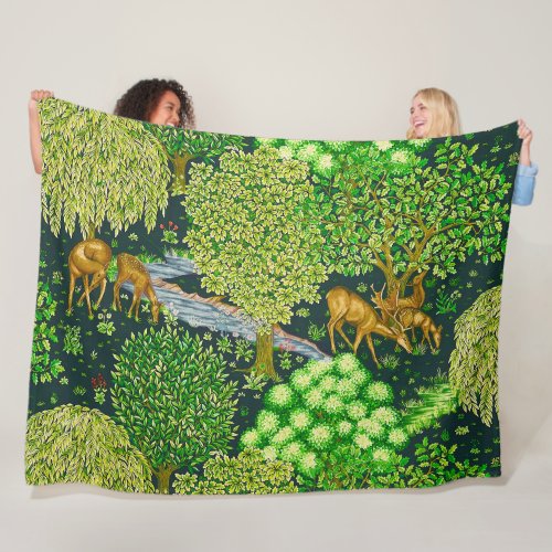 FOREST ANIMALS DEERS BY A BROOK Blue Green Floral Fleece Blanket