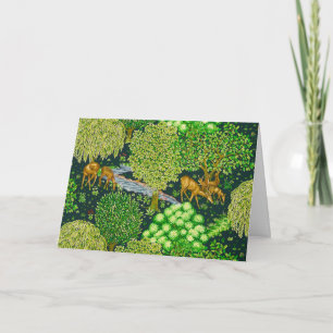 FOREST ANIMALS, DEERS BY A BROOK Blue Green Floral Holiday Card
