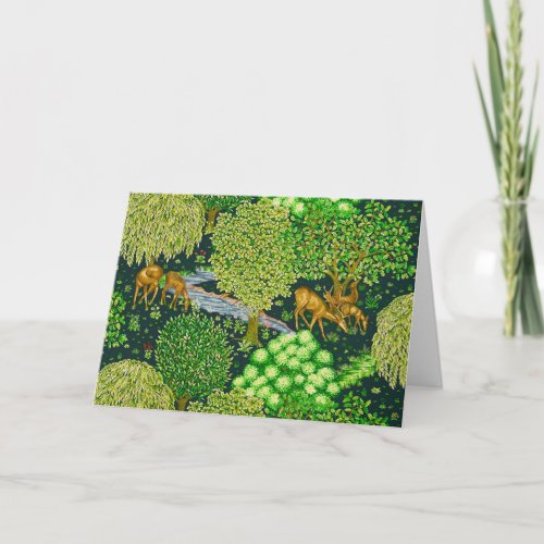 FOREST ANIMALS DEERS BY A BROOK Blue Green Floral Holiday Card