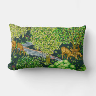 FOREST ANIMALS, DEERS BY A BROOK Blue Green Floral Lumbar Pillow