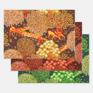 FOREST ANIMALS,DEERS BY A BROOK Colorful Floral Wrapping Paper Sheets
