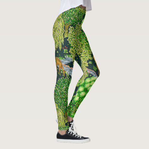 FOREST ANIMALS DEERS BY A BROOK Green Floral Leggings