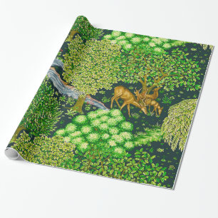 FOREST ANIMALS,DEERS BY A BROOK Green Floral Wrapping Paper