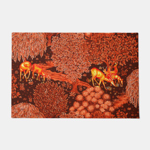 FOREST ANIMALS, DEERS BY A BROOK Red Yellow Floral Doormat