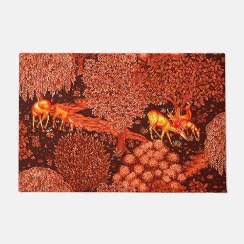 FOREST ANIMALS DEERS BY A BROOK Red Yellow Floral Doormat