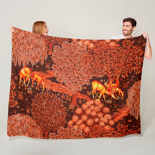 FOREST ANIMALS, DEERS BY A BROOK Red Yellow Floral Fleece Blanket (In Situ)