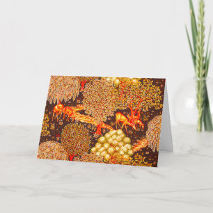 FOREST ANIMALS, DEERS BY A BROOK Red Yellow Floral Holiday Card