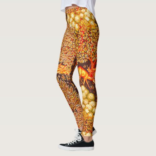 FOREST ANIMALSDEERS BY A BROOK Red Yellow Floral  Leggings