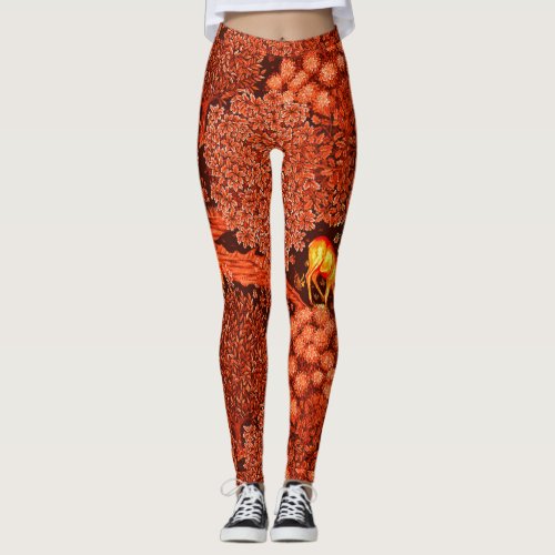 FOREST ANIMALSDEERS BY A BROOK Red Yellow Floral  Leggings