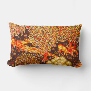 FOREST ANIMALS, DEERS BY A BROOK Red Yellow Floral Lumbar Pillow