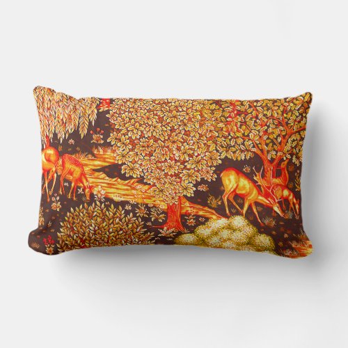 FOREST ANIMALS DEERS BY A BROOK Red Yellow Floral Lumbar Pillow