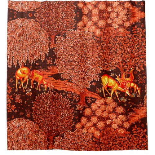 FOREST ANIMALS DEERS BY A BROOK Red Yellow Floral Shower Curtain