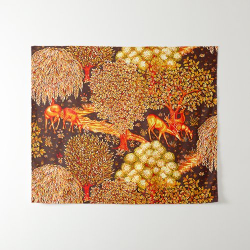 FOREST ANIMALS DEERS BY A BROOK Red Yellow Floral Tapestry