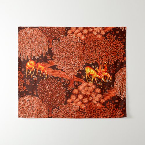 FOREST ANIMALS DEERS BY A BROOK Red Yellow Floral Tapestry