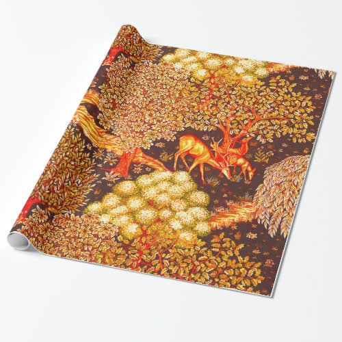 FOREST ANIMALS DEERS BY A BROOK Red Yellow Floral Wrapping Paper