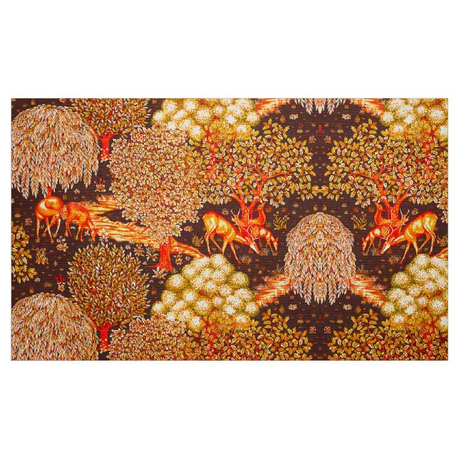 FOREST ANIMALS, DEERS BY A BROOK Yellow Red Floral Fabric (Fat Quarter)