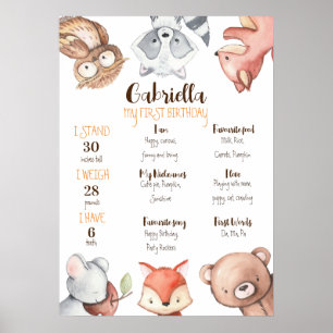 Forest animals first birthday milestone board poster