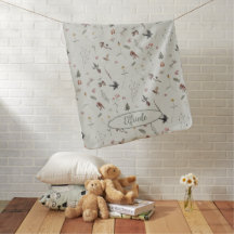 Forest animals, forest fruits, flowers on green