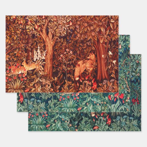 FOREST ANIMALSFox and Hares Red Green Floral Wrapping Paper Sheets