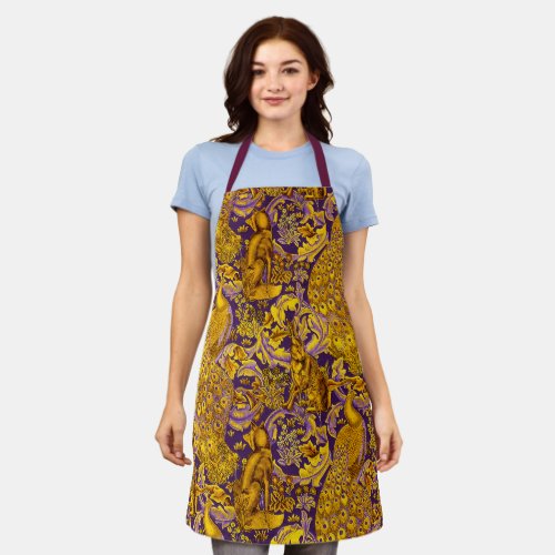 FOREST ANIMALS FoxPeacockHare Gold Purple Floral Apron