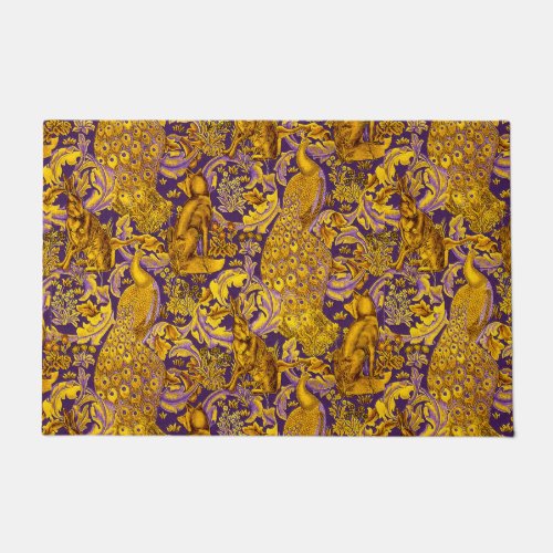 FOREST ANIMALSFOXPEACOCKHARE Gold Purple Floral Doormat