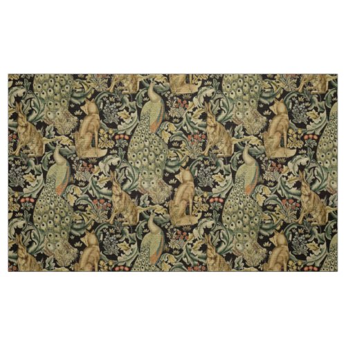 FOREST ANIMALS FOX PEACOCK HARE GREEN FLORAL FABRIC