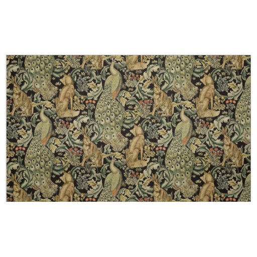 FOREST ANIMALS ,FOX, PEACOCK, HARE GREEN FLORAL FABRIC