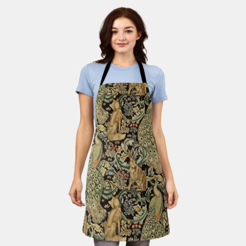 FOREST ANIMALS Fox Peacock Hare In Green Floral Apron
