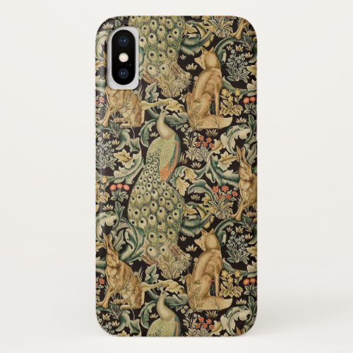 FOREST ANIMALS FOX PEACOCK HARE IN GREEN FLORAL iPhone XS CASE