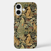 FOREST ANIMALS ,FOX, PEACOCK, HARE IN GREEN FLORAL