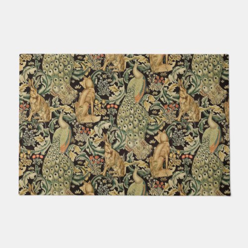 FOREST ANIMALS FOX PEACOCK HARE IN GREEN FLORAL DOORMAT
